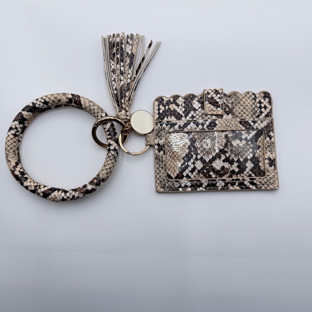 Snakeskin‎ Print Card Holder Keychain Wristlet Bangle Tassel Neutral Tan Brown